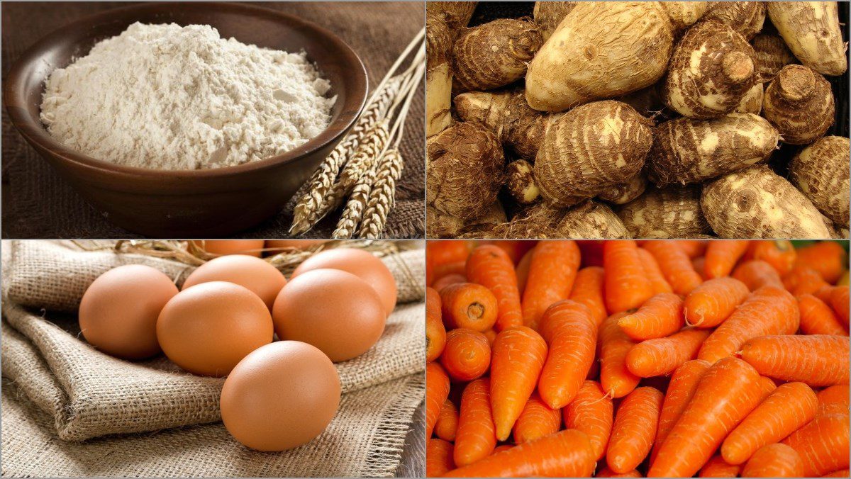 Ingredients for the dish with 2 methods of making fried taro flour