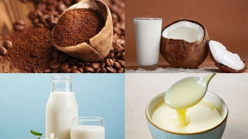 Ingredients for coconut milk coffee and fresh milk coffee