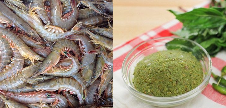 Ingredients for green curry dish, green curry with shrimp and Thai coconut heart
