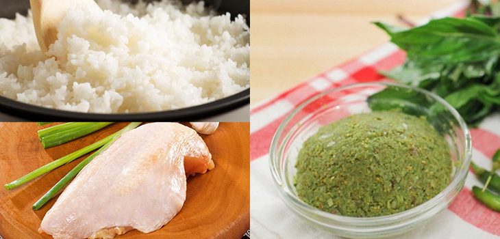 Ingredients for green curry rice, green curry with shrimp and Thai coconut heart