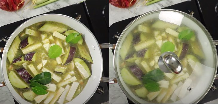 Step 3 Stew the vegetables Green curry shrimp coconut heart
