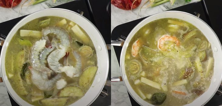 Step 4 Cook the green curry shrimp coconut heart Green curry shrimp coconut heart