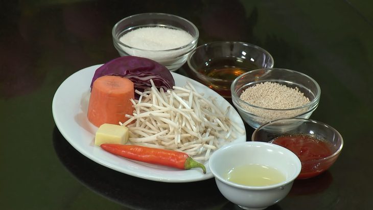 Ingredients for vegetarian purple cabbage salad