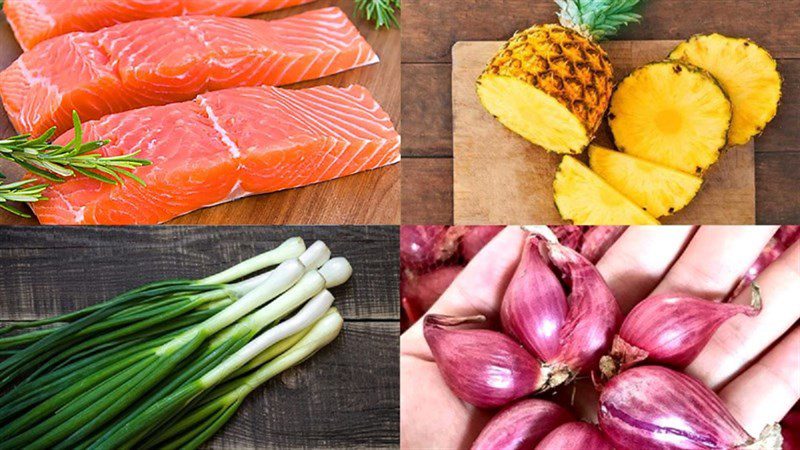 Ingredients for the dish of salmon cooked with pineapple