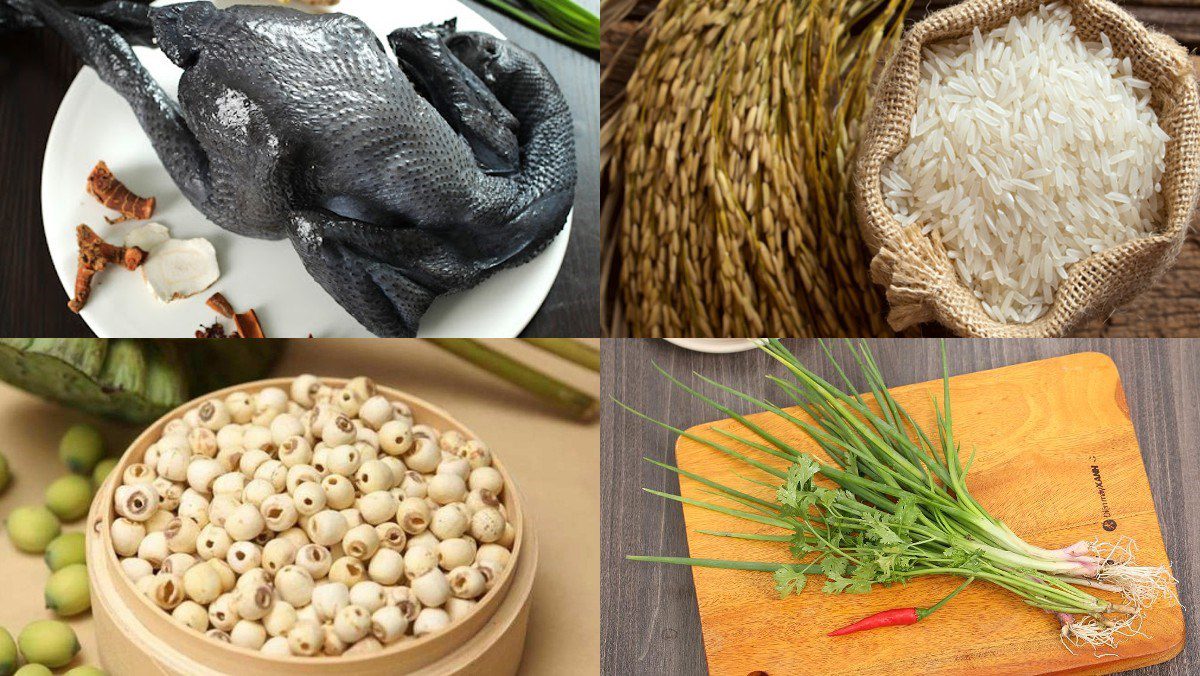 Ingredients for black chicken lotus seed porridge