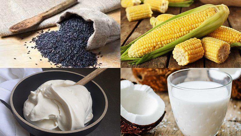 Ingredients for black sticky rice dessert with American corn