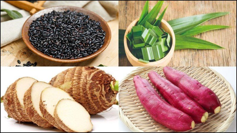 Ingredients for the dish sweet sticky rice with purple yam and taro
