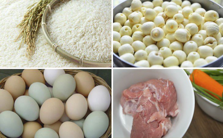 Ingredients for the dish of lotus seed porridge with minced meat and egg