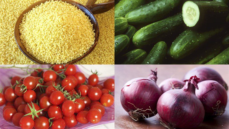 Ingredients for couscous salad with tomatoes and cucumbers