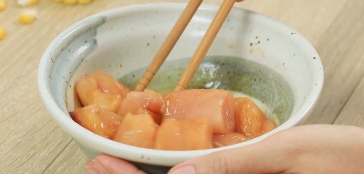 Step 2 Frying chicken breast for Japanese style chicken salad