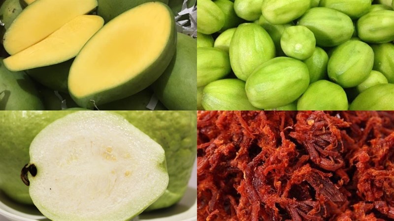 Ingredients for the dish of sour fruits with guava and mango and dried beef