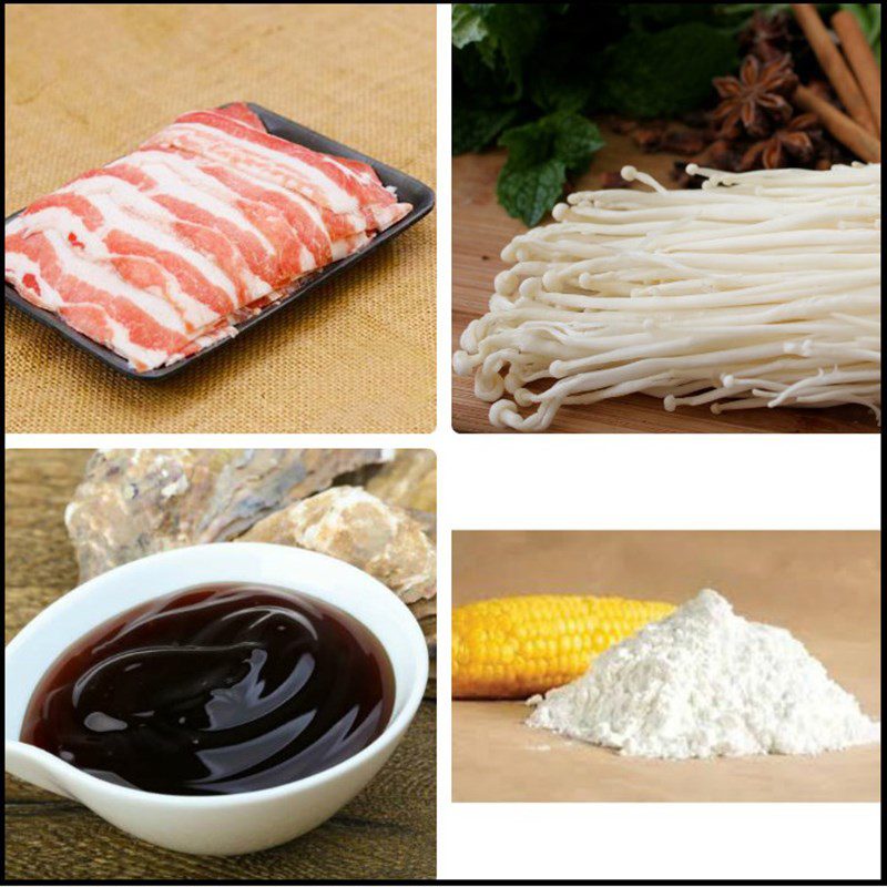 Ingredients for grilled pork belly rolled with enoki mushrooms