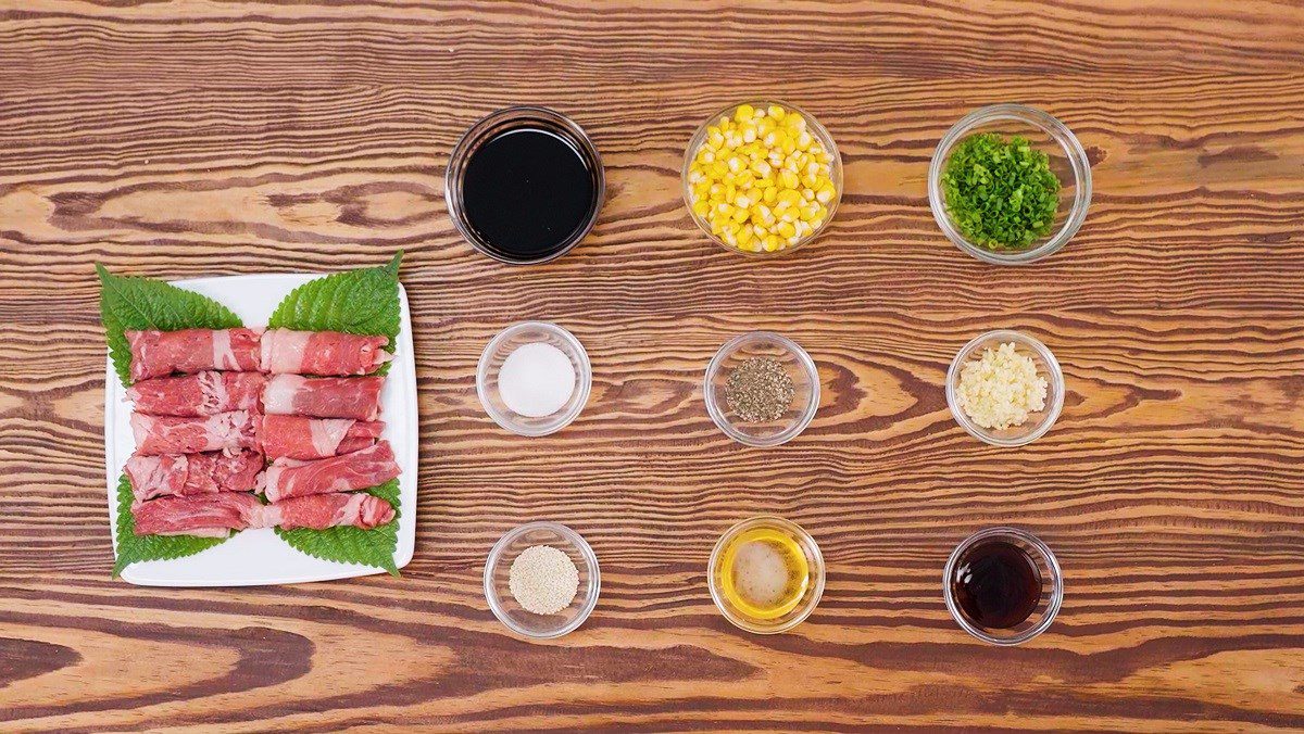 Ingredients for sizzling beef rice dish