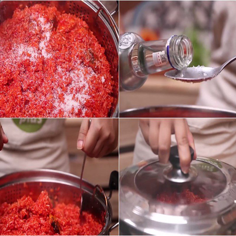 Step 2 Steam the sticky rice for Three-layer Gac Sticky Rice with Mung Beans