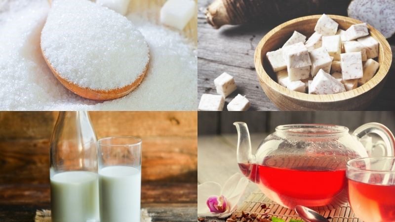Ingredients for taro milk tea with red bean