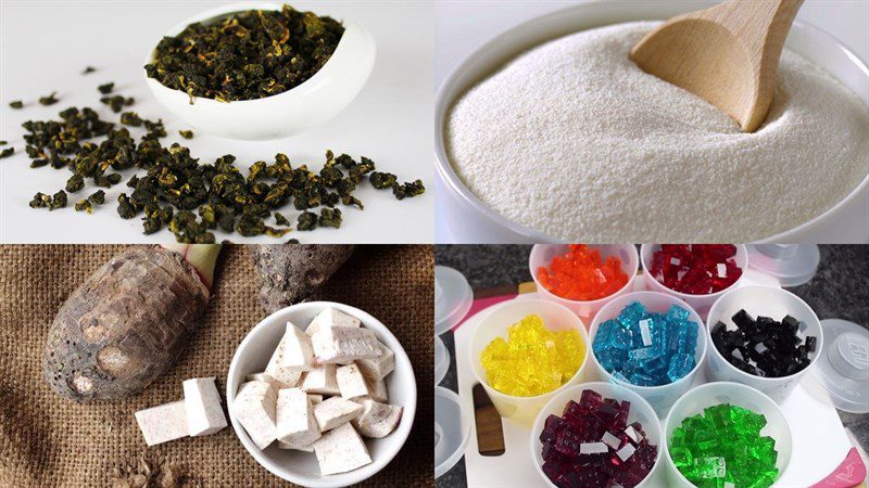 Ingredients for taro milk tea, taro milk tea with red beans