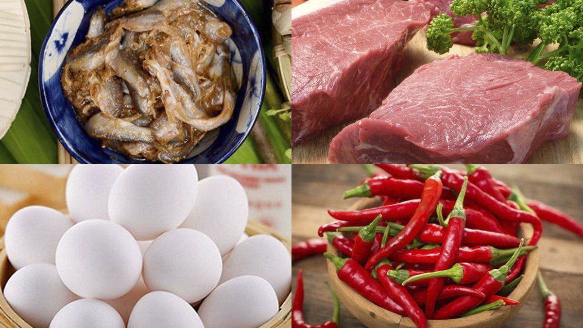 Ingredients for the dish of mắm chưng cá linh with lean meat and eggs