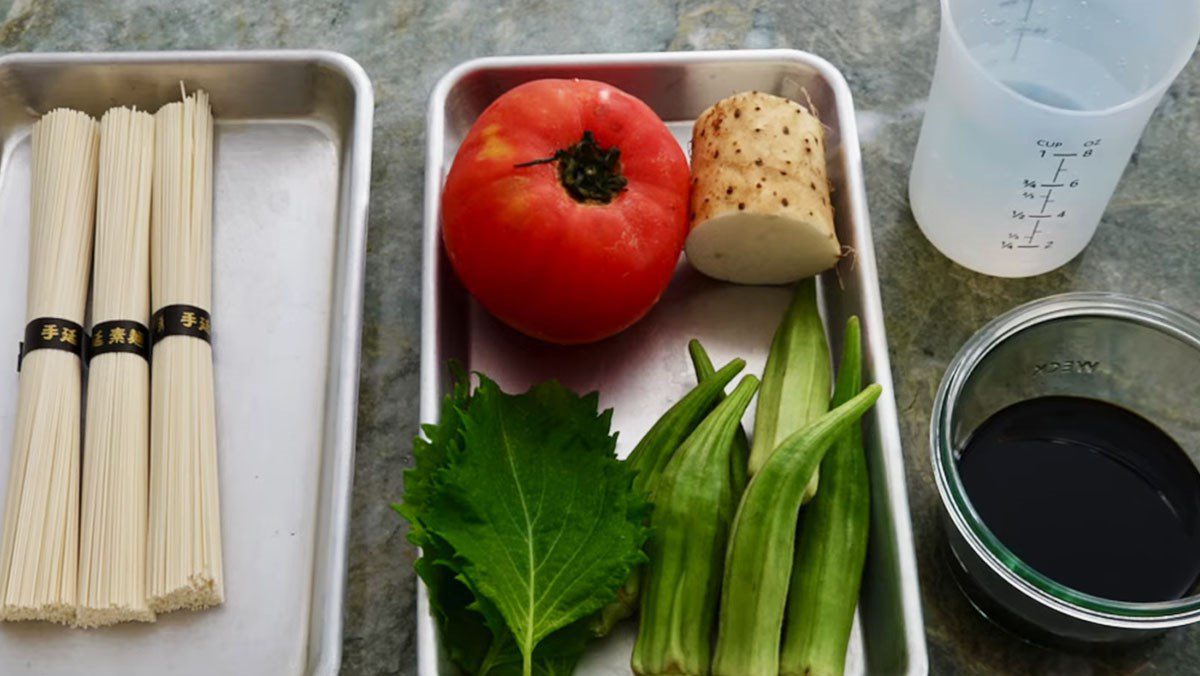 Ingredients for somen noodle dish with vegetables