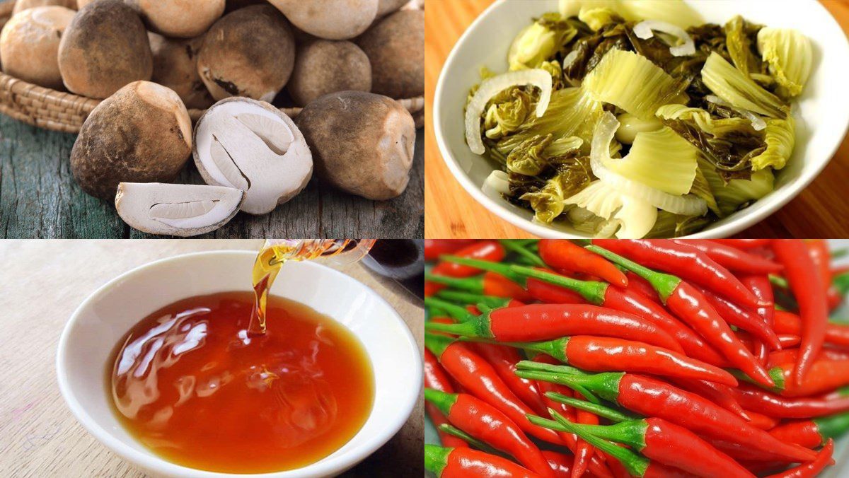 Ingredients for stir-fried straw mushrooms with lemongrass and chili, stir-fried straw mushrooms with green beans, stir-fried straw mushrooms with vegetarian beef, and stir-fried straw mushrooms with pickled mustard greens