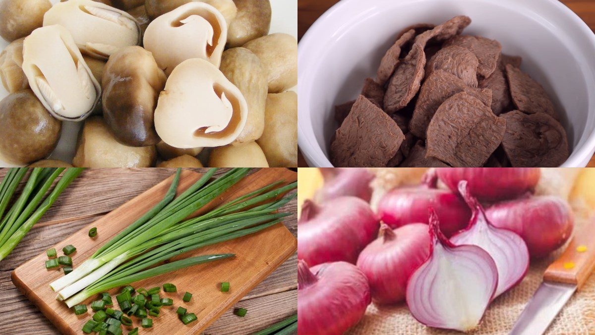 Ingredients for dishes: stir-fried straw mushrooms with lemongrass and chili, stir-fried straw mushrooms with green beans, stir-fried straw mushrooms with vegetarian beef, and stir-fried straw mushrooms with pickled mustard greens
