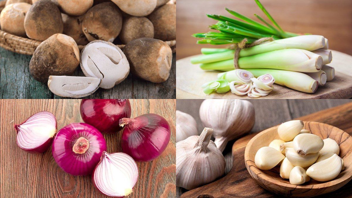 Ingredients for the dish of stir-fried straw mushrooms with lemongrass and chili, stir-fried straw mushrooms with green beans, stir-fried straw mushrooms with vegetarian beef, and stir-fried straw mushrooms with sour pickled cabbage