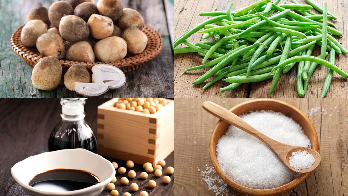 Ingredients for straw mushroom dishes: stir-fried straw mushrooms with lemongrass and chili, stir-fried straw mushrooms with green beans, stir-fried straw mushrooms with vegetarian beef, and stir-fried straw mushrooms with pickled mustard greens