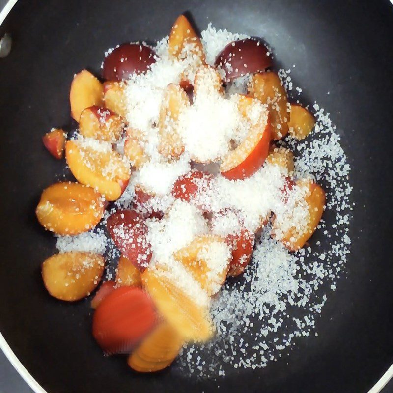 Step 1 Soak plums with sugar Panna cotta plums