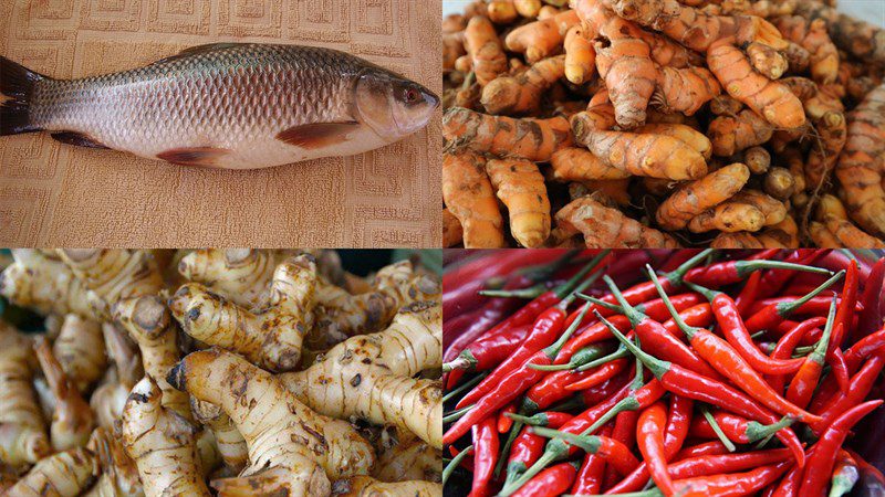Ingredients for braised river carp with galangal and turmeric