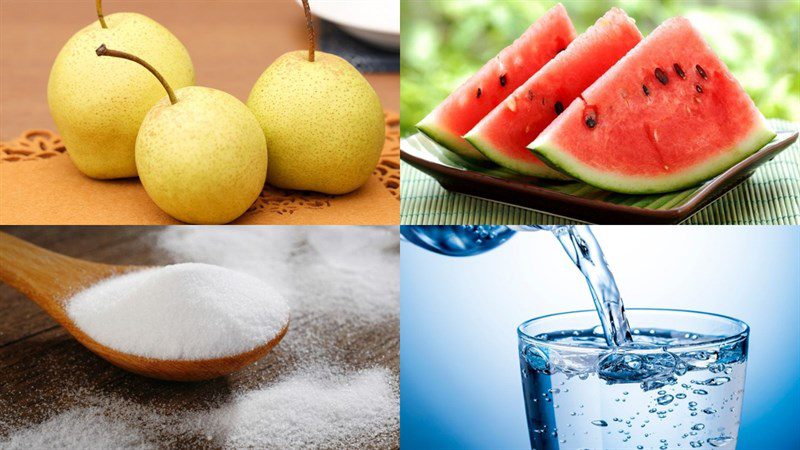 Ingredients for pear juice, watermelon pear juice, and pineapple pear juice