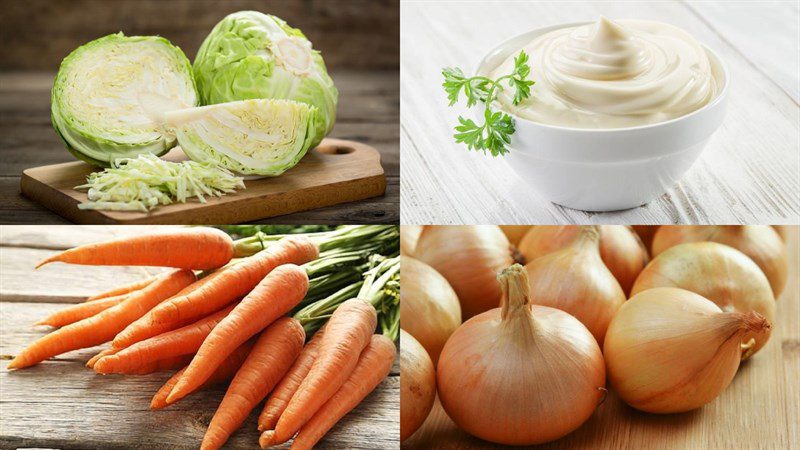 Ingredients for cabbage salad mixed with mayonnaise and onion, cabbage salad mixed with mayonnaise jambong