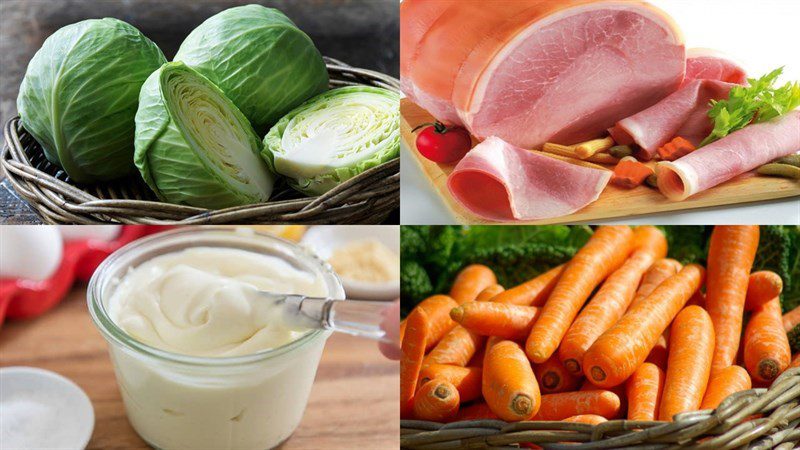 Ingredients for mayonnaise cabbage salad with jambon