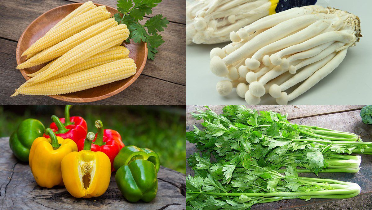 Ingredients for stir-fried baby corn with vegetarian bell pepper