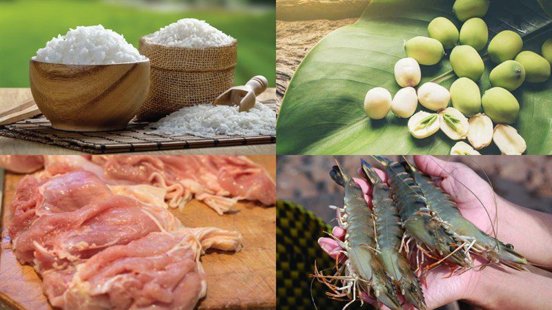 Ingredients for lotus leaf rice dish, brown rice steamed in lotus leaf, rice mixed with eggs steamed in lotus leaf