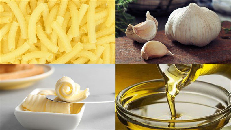 Ingredients for fried noodle dish with garlic butter