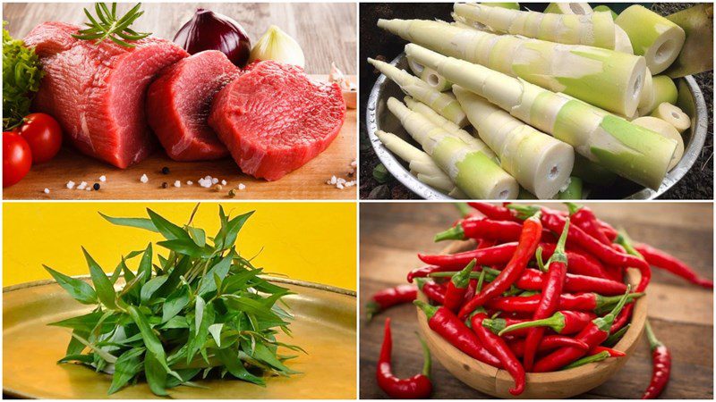 Ingredients for the dish 3 ways to make bamboo shoot salad with pork tongue, beef and dried fish