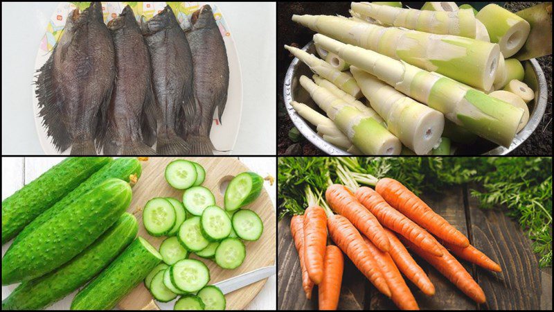 Ingredients for the dish 3 recipes for bamboo shoot salad with pig tongue, beef, and dried fish