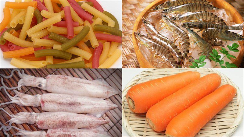 Ingredients for stir-fried noodle dish with seafood and tamarind sauce