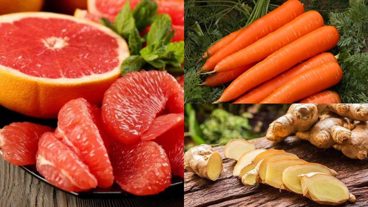Ingredients for grapefruit cherry juice, carrot grapefruit juice, apple grapefruit juice