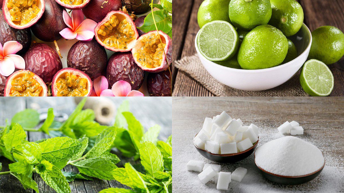 Ingredients for passion fruit juice, mint passion fruit juice, mango passion fruit juice