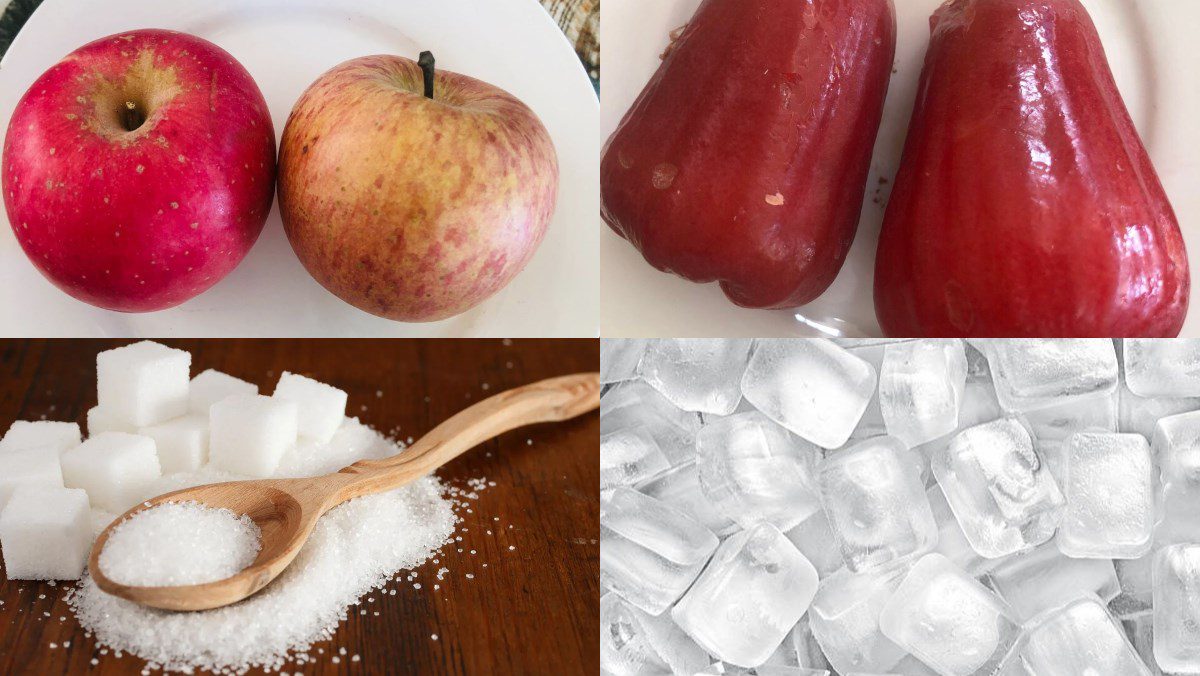 Ingredients for plum apple juice using a blender