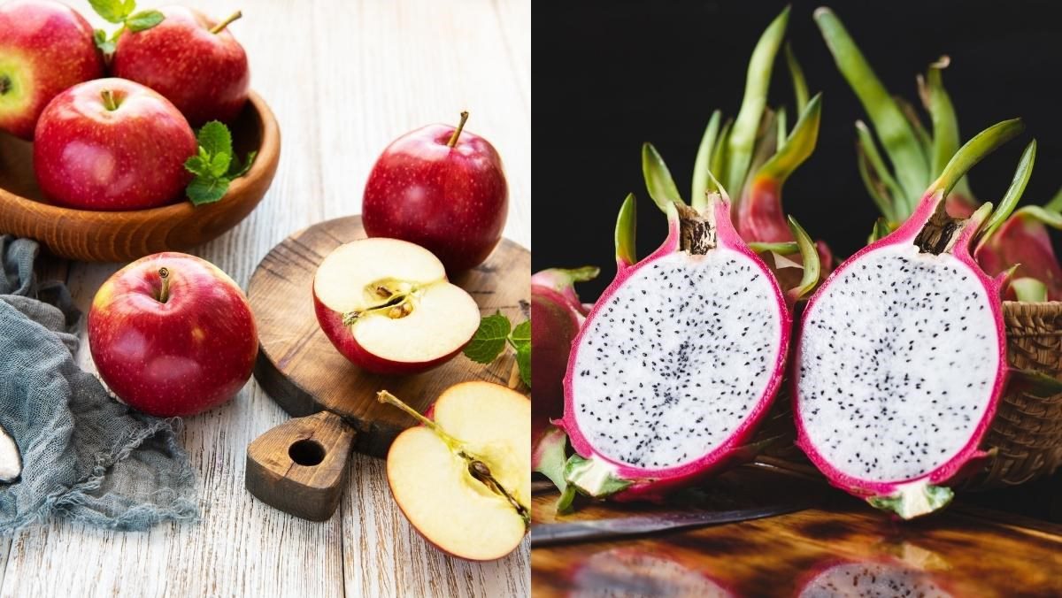 Ingredients for making dragon fruit apple juice using a blender