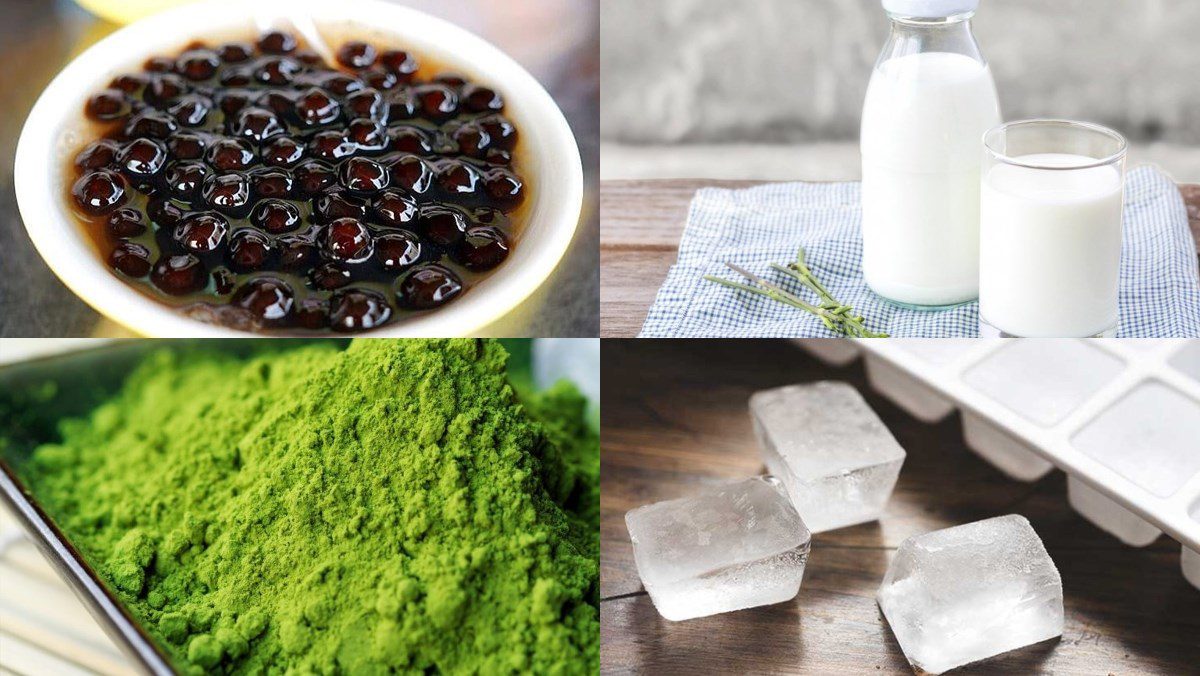 Ingredients for fresh milk matcha black sugar tapioca pearls dish