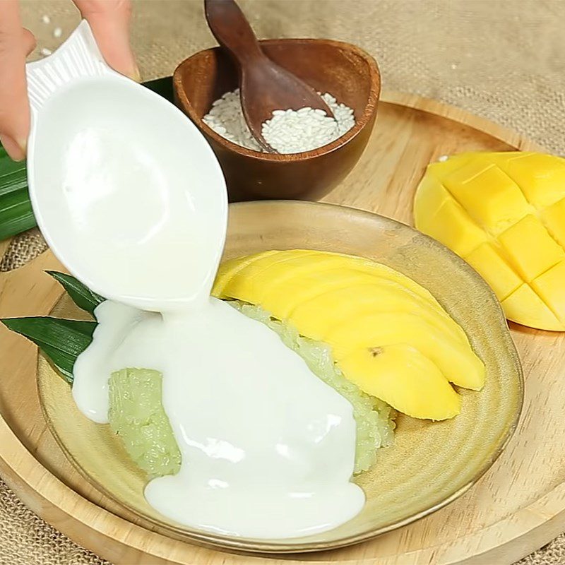 Step 5 Final Product Mango Sticky Rice with Pandan Leaves
