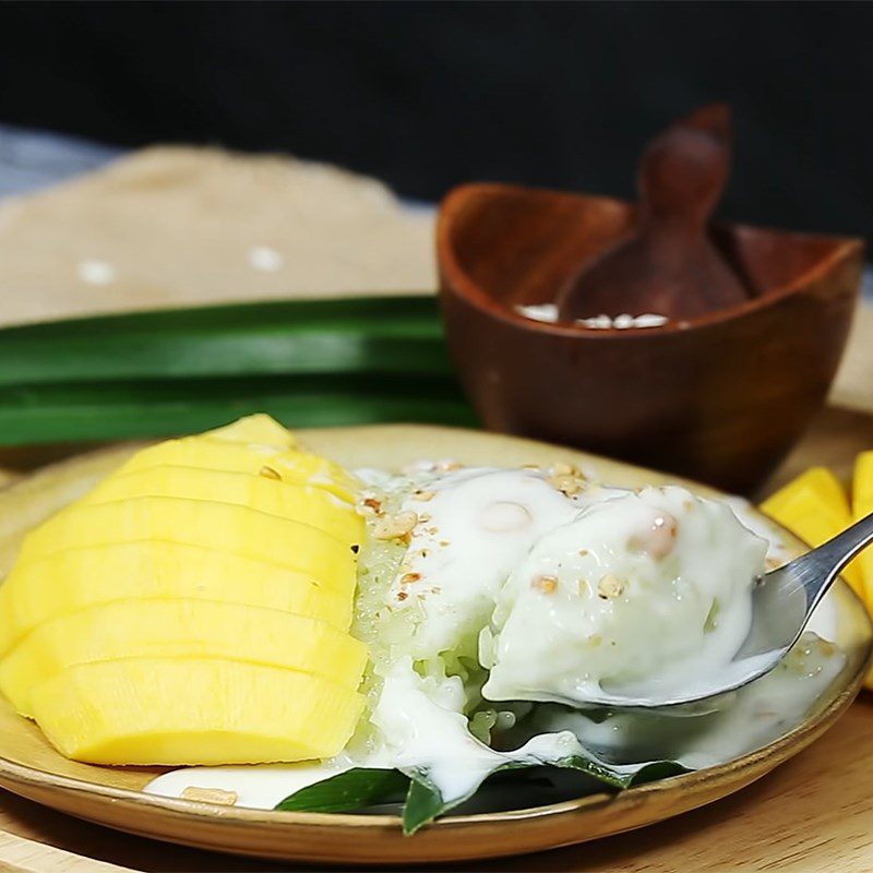 Step 5 Final Product Mango Sticky Rice with Pandan Leaves