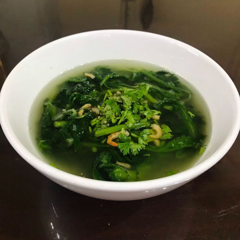 Step 4 Finished Product Dried Shrimp Soup with Water Spinach