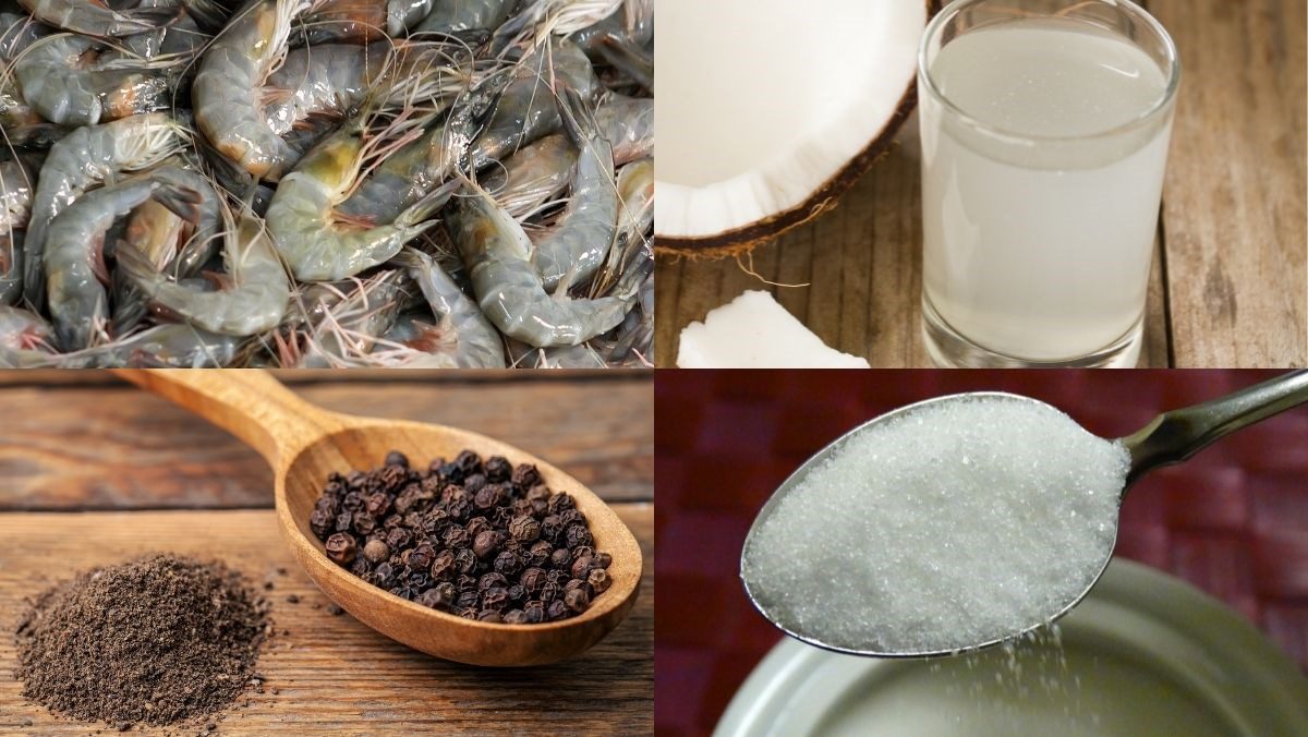 Ingredients for caramelized shrimp with coconut water