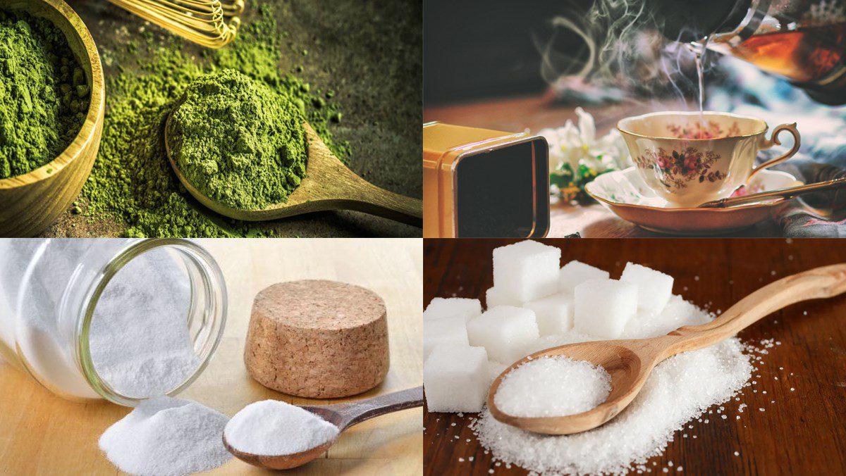 Ingredients for matcha jelly milk tea, Thai matcha jelly milk tea