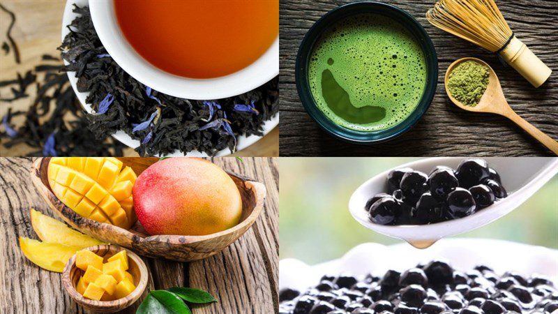 Ingredients for mango matcha milk tea with black pearls