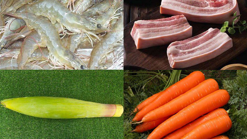 Ingredients for banana flower salad (banana flower) with shrimp and pork