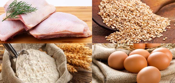 Ingredients for fried chicken with cheese sauce and sesame sauce